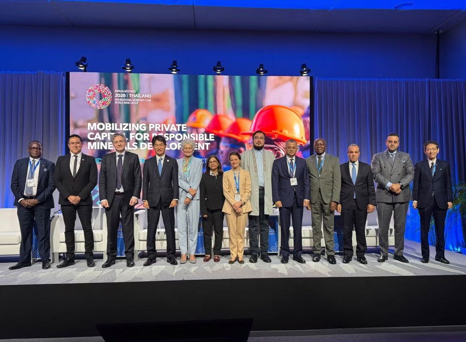 Delegates at the 2026 IMF and World Bank meetings in Thailand, in front of a screen about mobilising private capital for responsible minerals development.